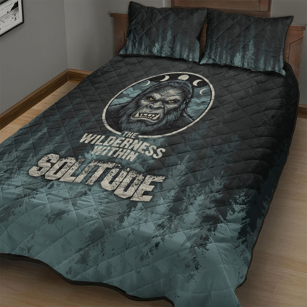 Bigfoot Wilderness Solitude Quilt Bed Set Cryptid Forest Graphic In Distressed Vintage Style