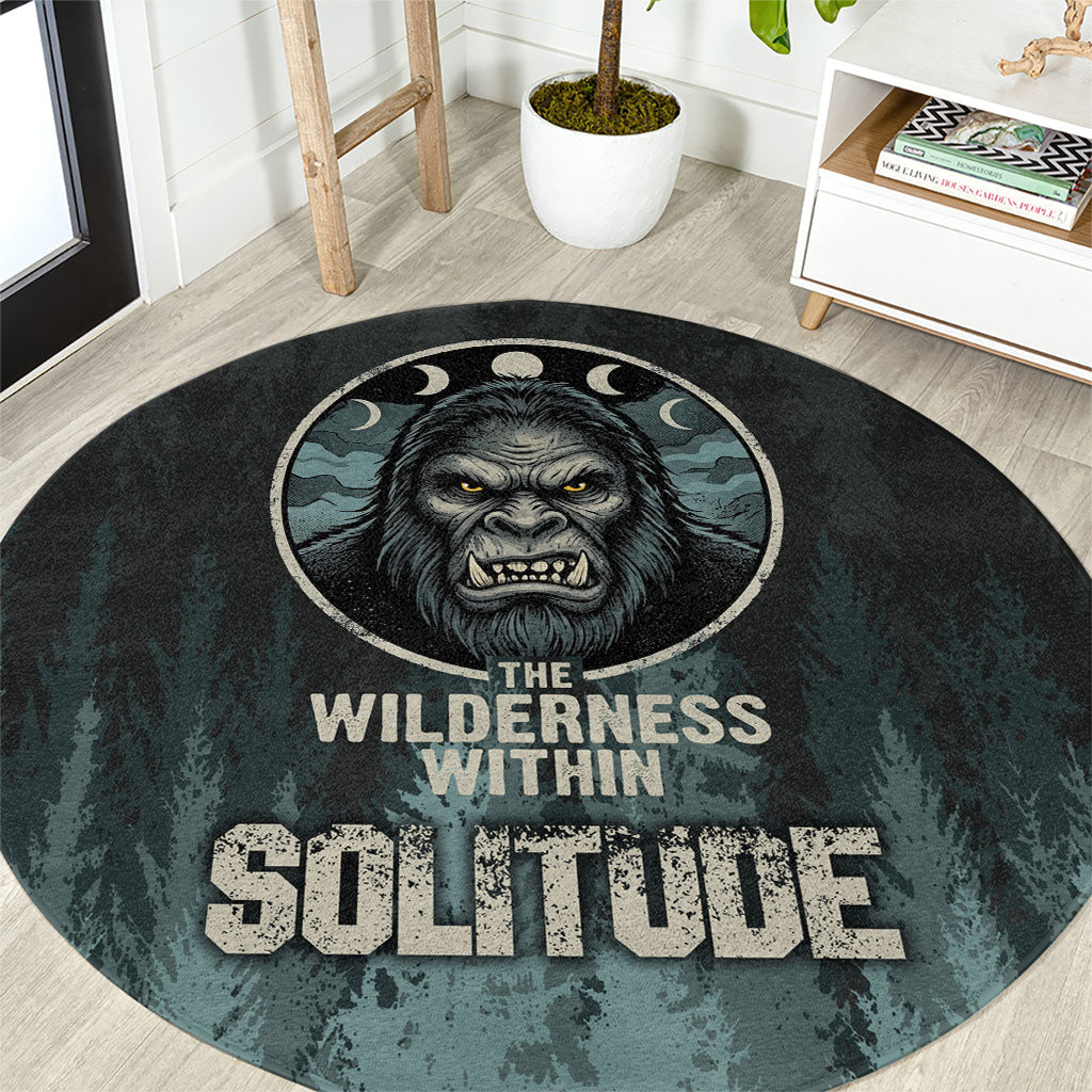 Bigfoot Wilderness Solitude Round Carpet Cryptid Forest Graphic In Distressed Vintage Style