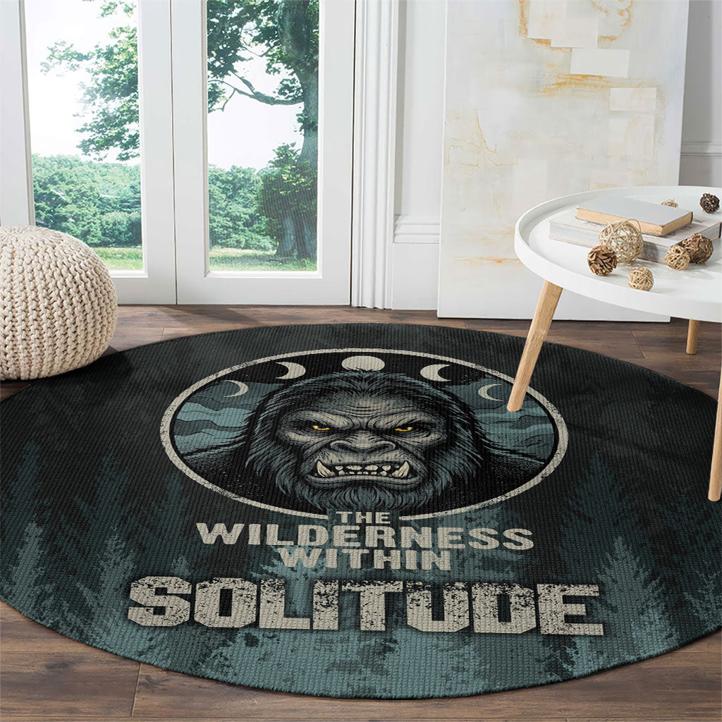 Bigfoot Wilderness Solitude Round Carpet Cryptid Forest Graphic In Distressed Vintage Style