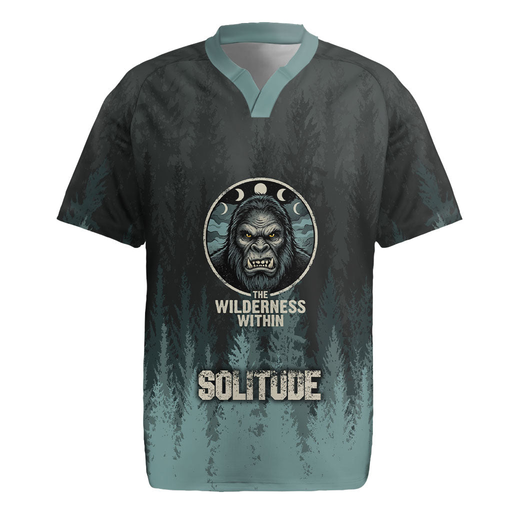 Bigfoot Wilderness Solitude Rugby Jersey Cryptid Forest Graphic In Distressed Vintage Style