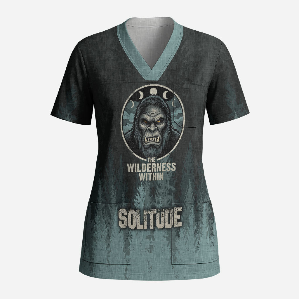 Bigfoot Wilderness Solitude Scrub Top Cryptid Forest Graphic In Distressed Vintage Style