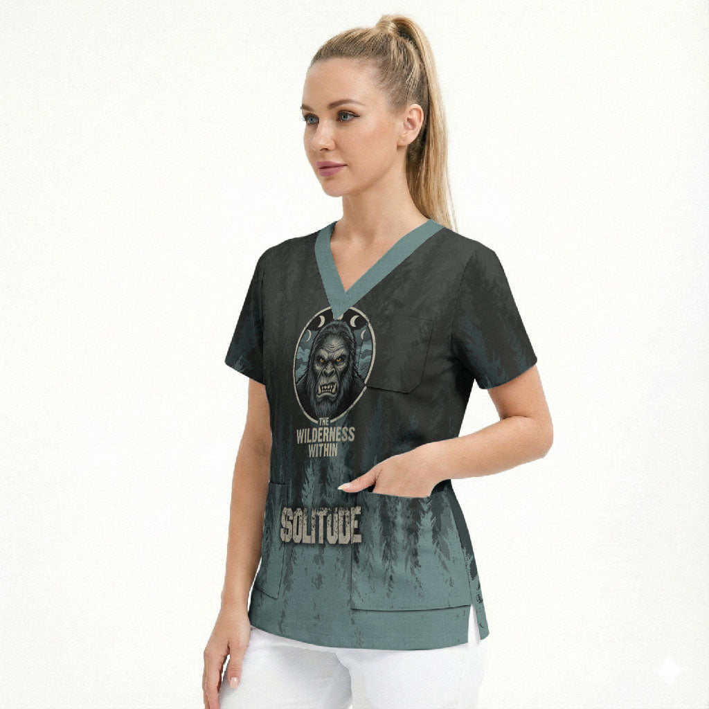Bigfoot Wilderness Solitude Scrub Top Cryptid Forest Graphic In Distressed Vintage Style