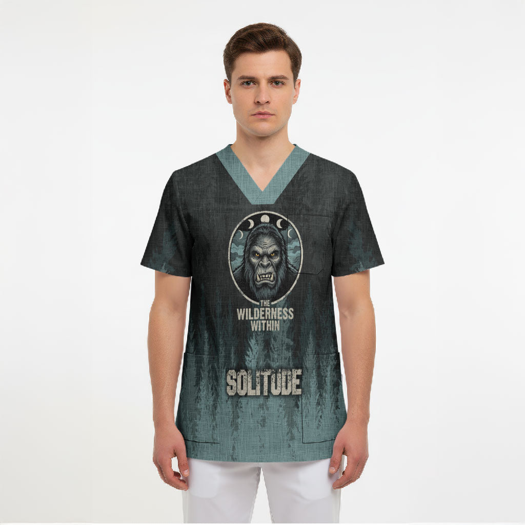 Bigfoot Wilderness Solitude Scrub Top Cryptid Forest Graphic In Distressed Vintage Style