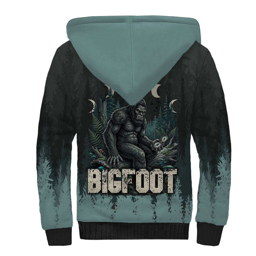 Bigfoot Wilderness Solitude Sherpa Hoodie Cryptid Forest Graphic In Distressed Vintage Style
