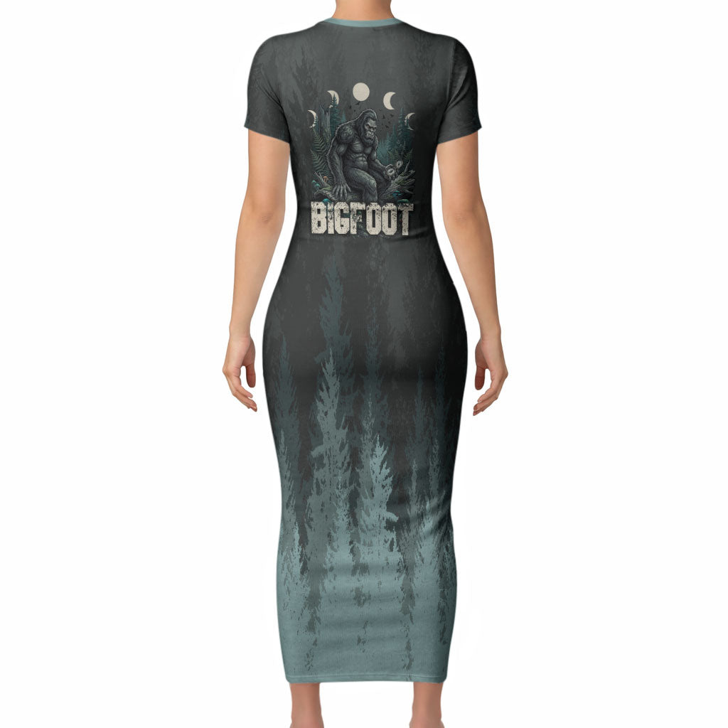 Bigfoot Wilderness Solitude Short Sleeve Bodycon Dress Cryptid Forest Graphic In Distressed Vintage Style
