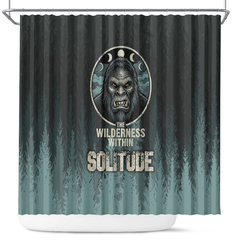 Bigfoot Wilderness Solitude Shower Curtain Cryptid Forest Graphic In Distressed Vintage Style