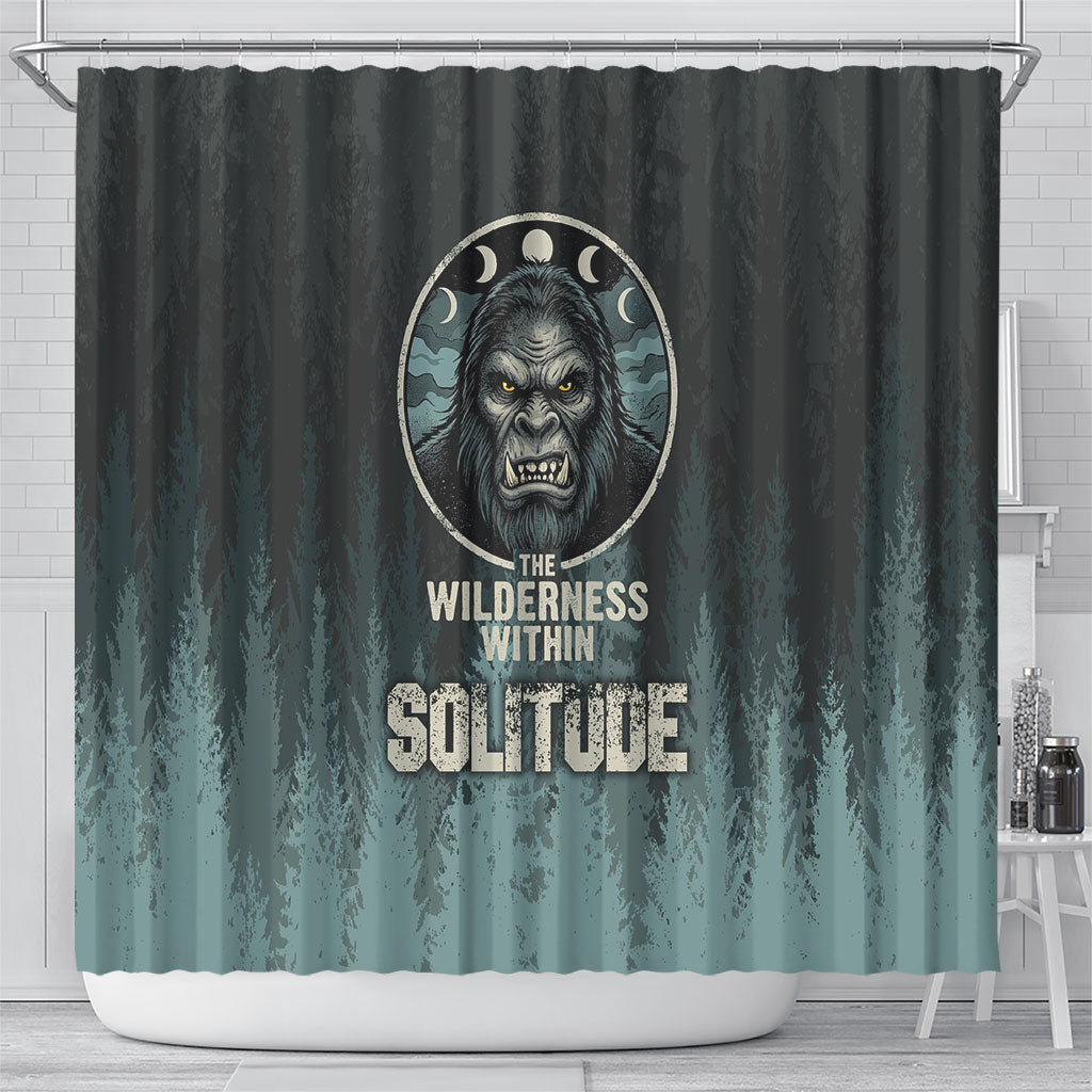 Bigfoot Wilderness Solitude Shower Curtain Cryptid Forest Graphic In Distressed Vintage Style