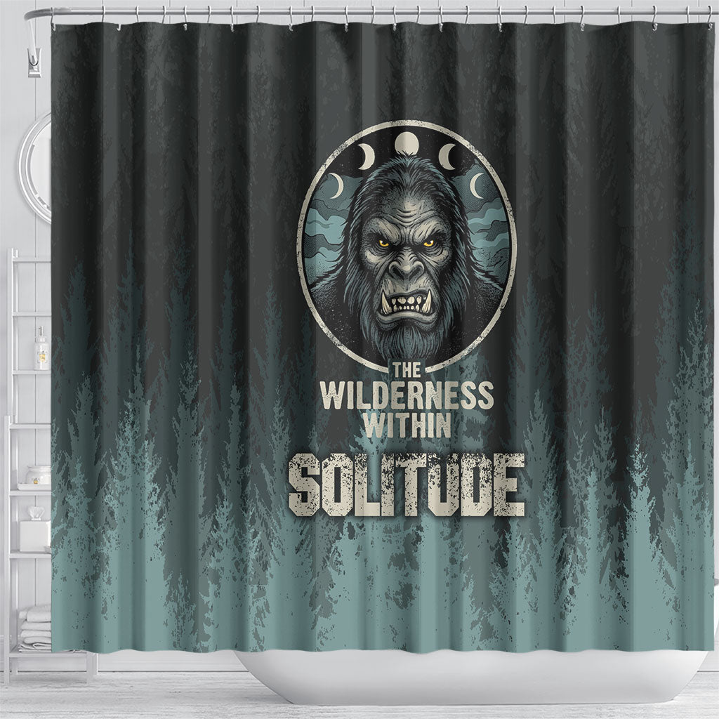 Bigfoot Wilderness Solitude Shower Curtain Cryptid Forest Graphic In Distressed Vintage Style