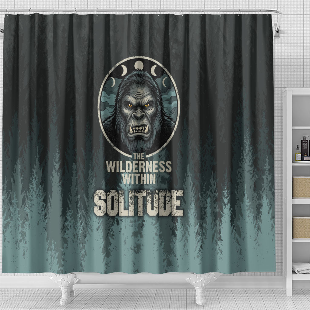 Bigfoot Wilderness Solitude Shower Curtain Cryptid Forest Graphic In Distressed Vintage Style