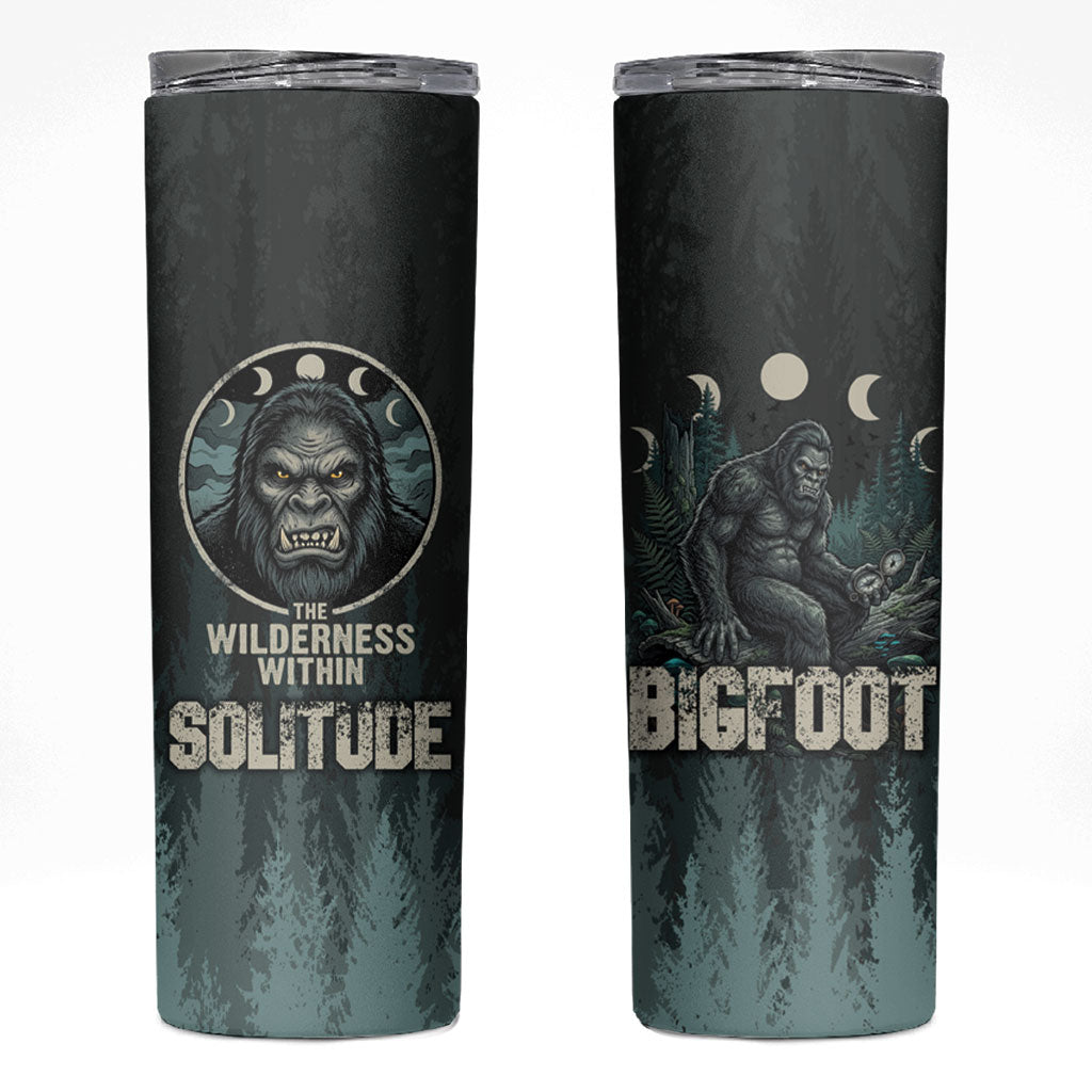 Bigfoot Wilderness Solitude Skinny Tumbler Cryptid Forest Graphic In Distressed Vintage Style