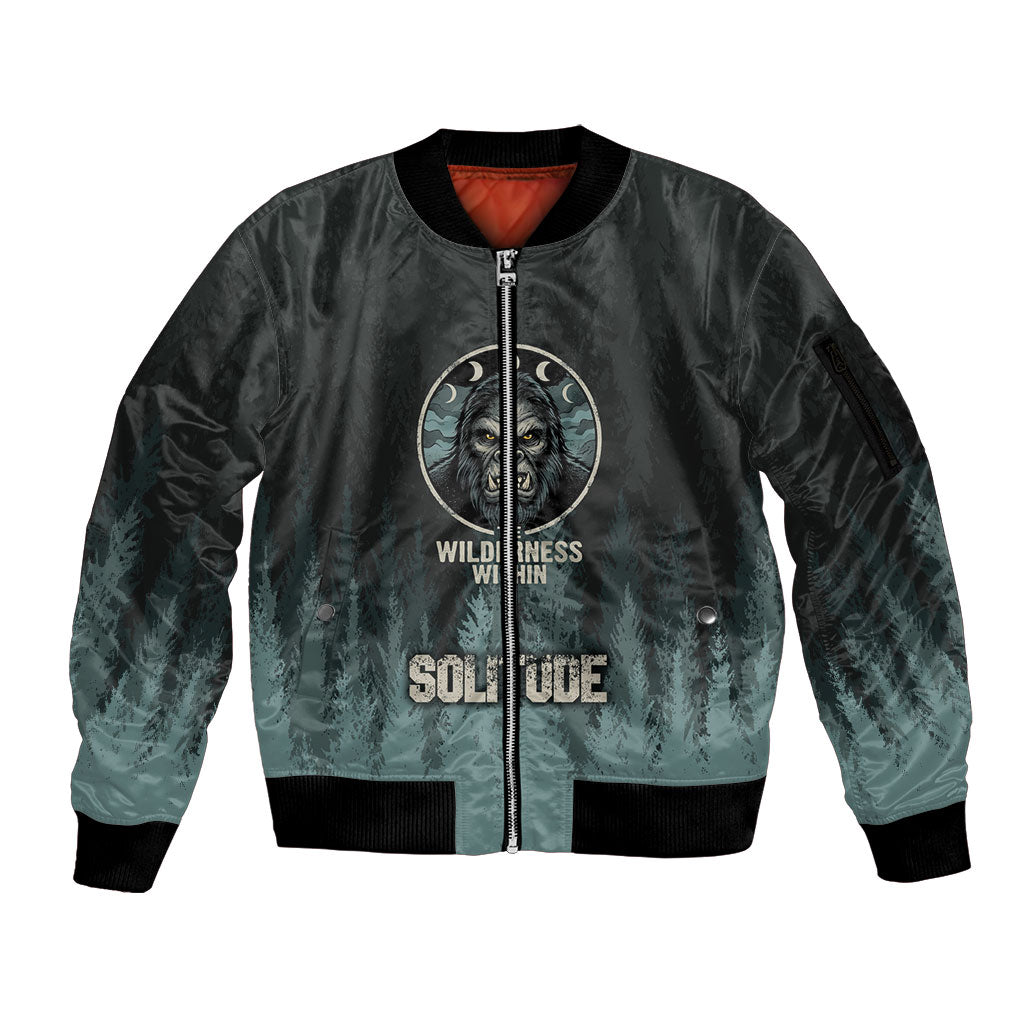 Bigfoot Wilderness Solitude Sleeve Zip Bomber Jacket Cryptid Forest Graphic In Distressed Vintage Style