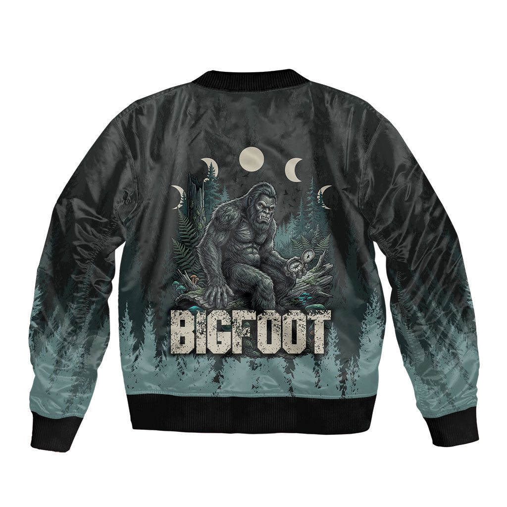 Bigfoot Wilderness Solitude Sleeve Zip Bomber Jacket Cryptid Forest Graphic In Distressed Vintage Style