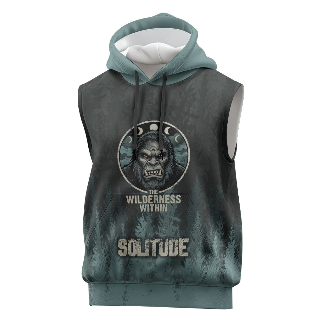 Bigfoot Wilderness Solitude Sleeveless Hoodie Cryptid Forest Graphic In Distressed Vintage Style