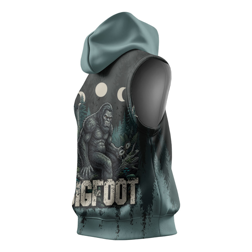 Bigfoot Wilderness Solitude Sleeveless Hoodie Cryptid Forest Graphic In Distressed Vintage Style