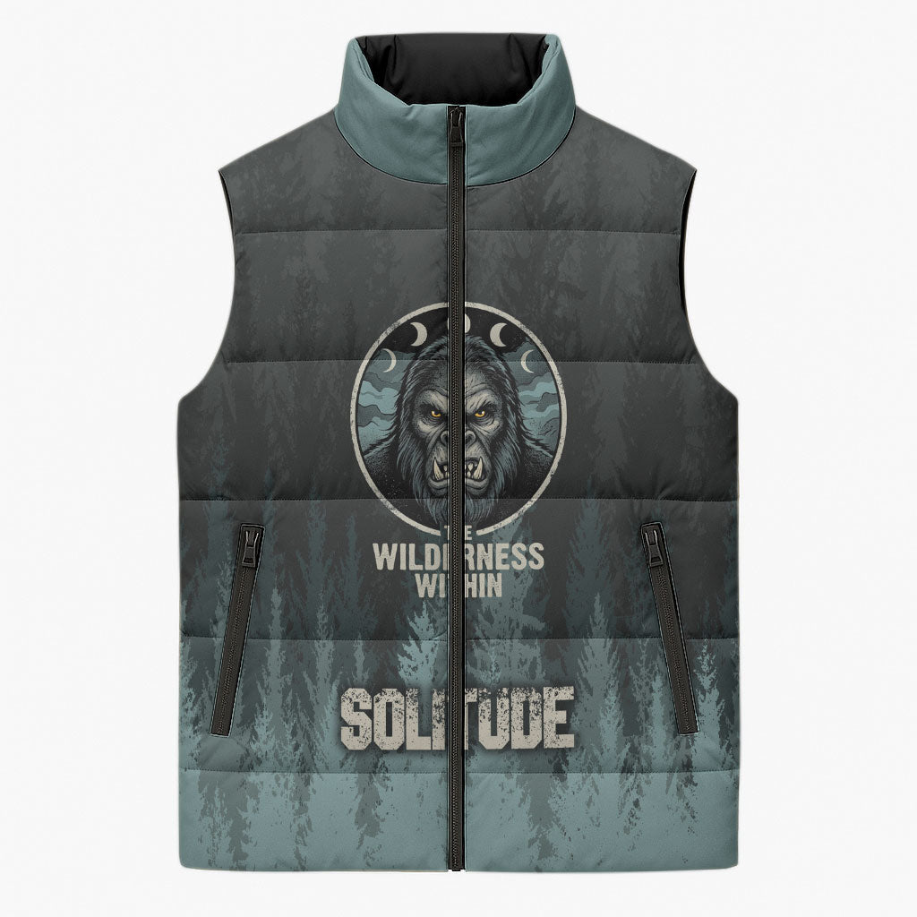 Bigfoot Wilderness Solitude Sleeveless Puffer Jacket Cryptid Forest Graphic In Distressed Vintage Style