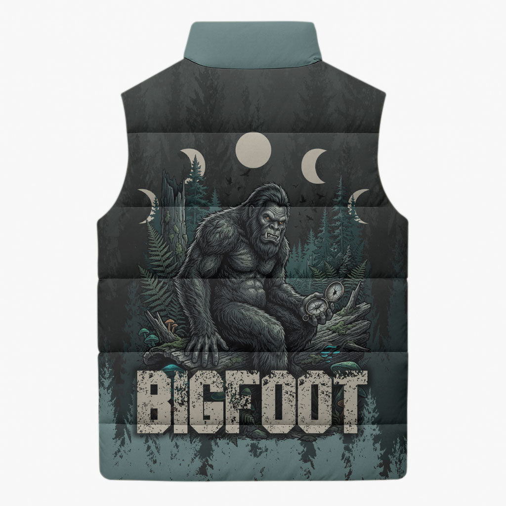 Bigfoot Wilderness Solitude Sleeveless Puffer Jacket Cryptid Forest Graphic In Distressed Vintage Style