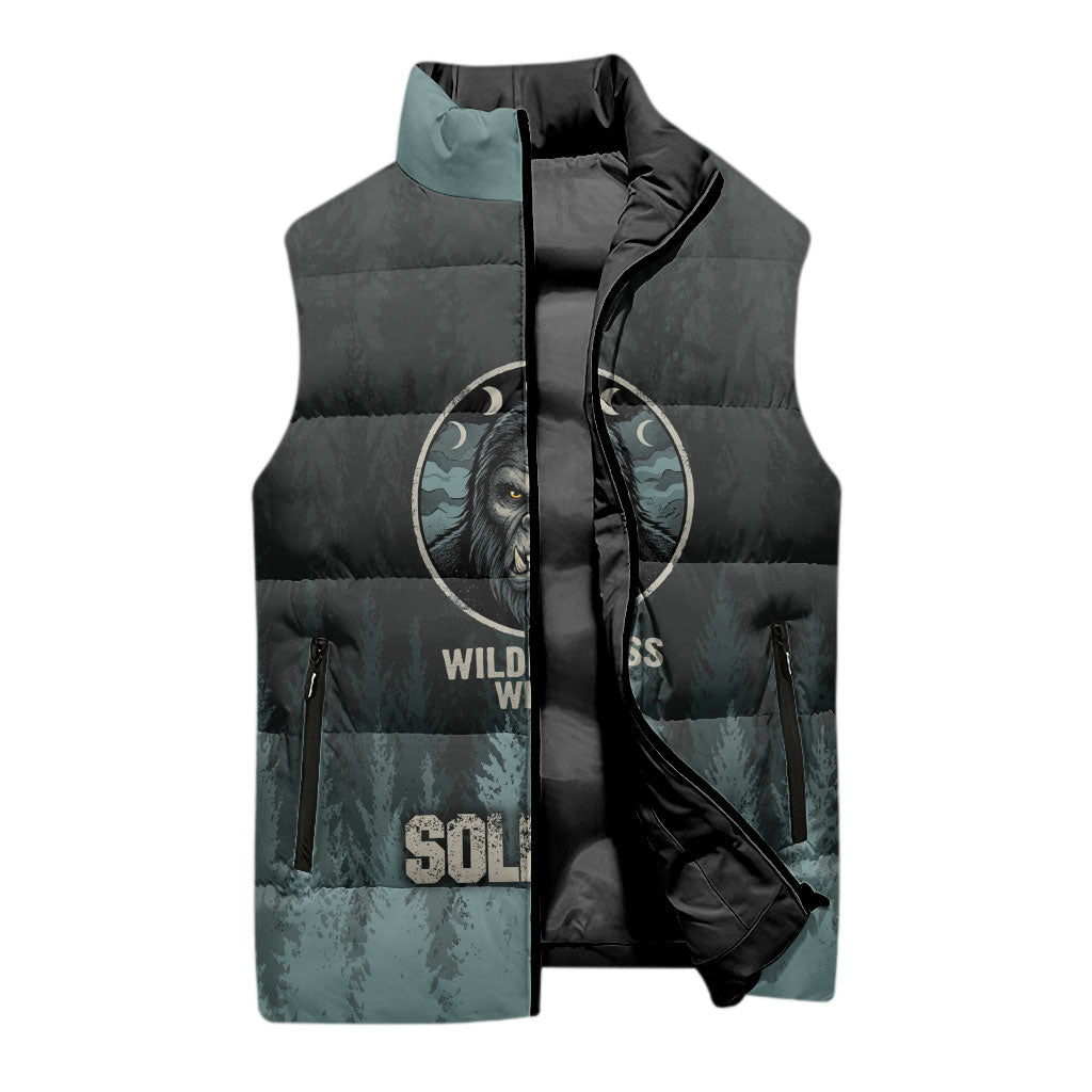 Bigfoot Wilderness Solitude Sleeveless Puffer Jacket Cryptid Forest Graphic In Distressed Vintage Style