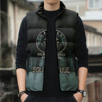 Bigfoot Wilderness Solitude Sleeveless Puffer Jacket Cryptid Forest Graphic In Distressed Vintage Style