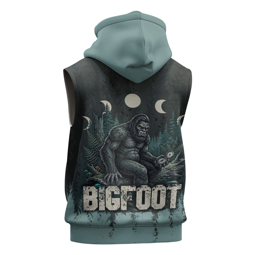 Bigfoot Wilderness Solitude Sleeveless Zip Hoodie Cryptid Forest Graphic In Distressed Vintage Style