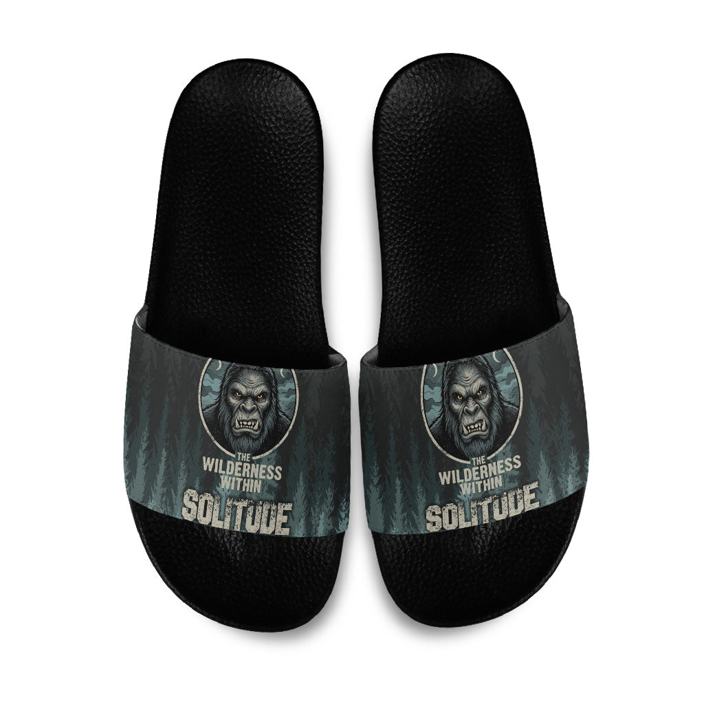 Bigfoot Wilderness Solitude Slide Sandals Cryptid Forest Graphic In Distressed Vintage Style