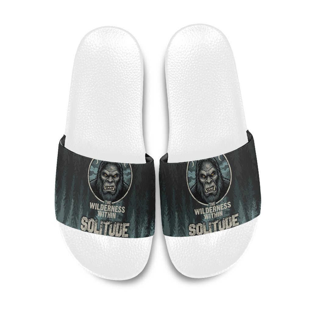 Bigfoot Wilderness Solitude Slide Sandals Cryptid Forest Graphic In Distressed Vintage Style