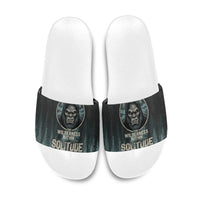 Bigfoot Wilderness Solitude Slide Sandals Cryptid Forest Graphic In Distressed Vintage Style