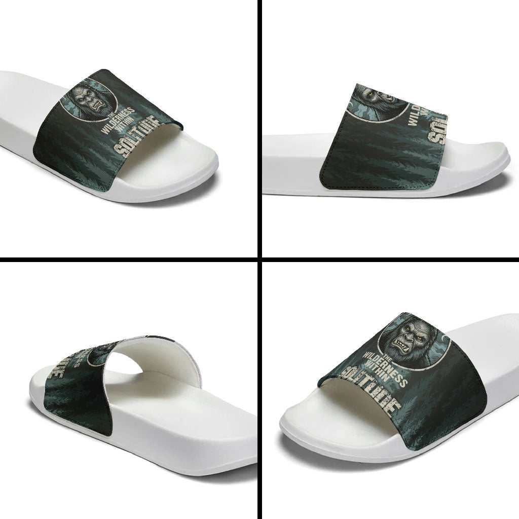 Bigfoot Wilderness Solitude Slide Sandals Cryptid Forest Graphic In Distressed Vintage Style