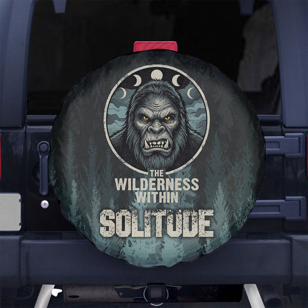 Bigfoot Wilderness Solitude Spare Tire Cover Cryptid Forest Graphic In Distressed Vintage Style
