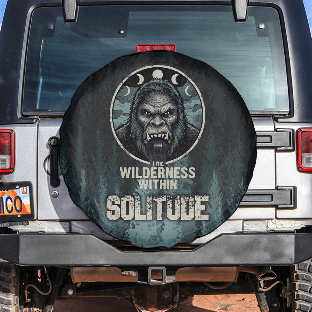 Bigfoot Wilderness Solitude Spare Tire Cover Cryptid Forest Graphic In Distressed Vintage Style