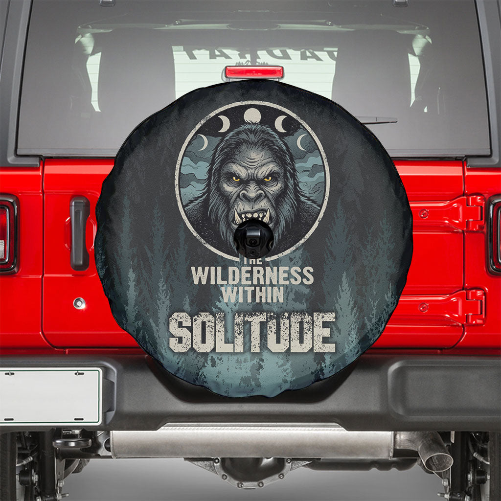 Bigfoot Wilderness Solitude Spare Tire Cover Cryptid Forest Graphic In Distressed Vintage Style