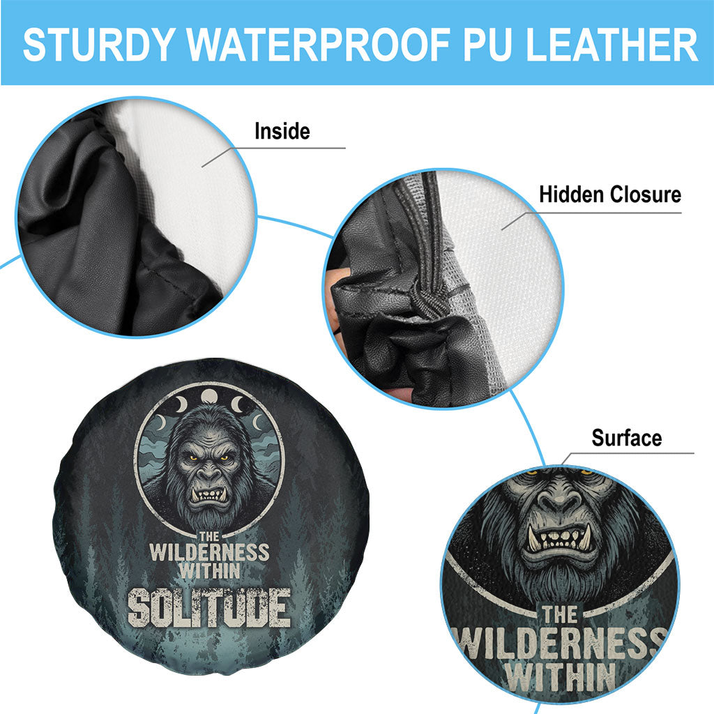 Bigfoot Wilderness Solitude Spare Tire Cover Cryptid Forest Graphic In Distressed Vintage Style