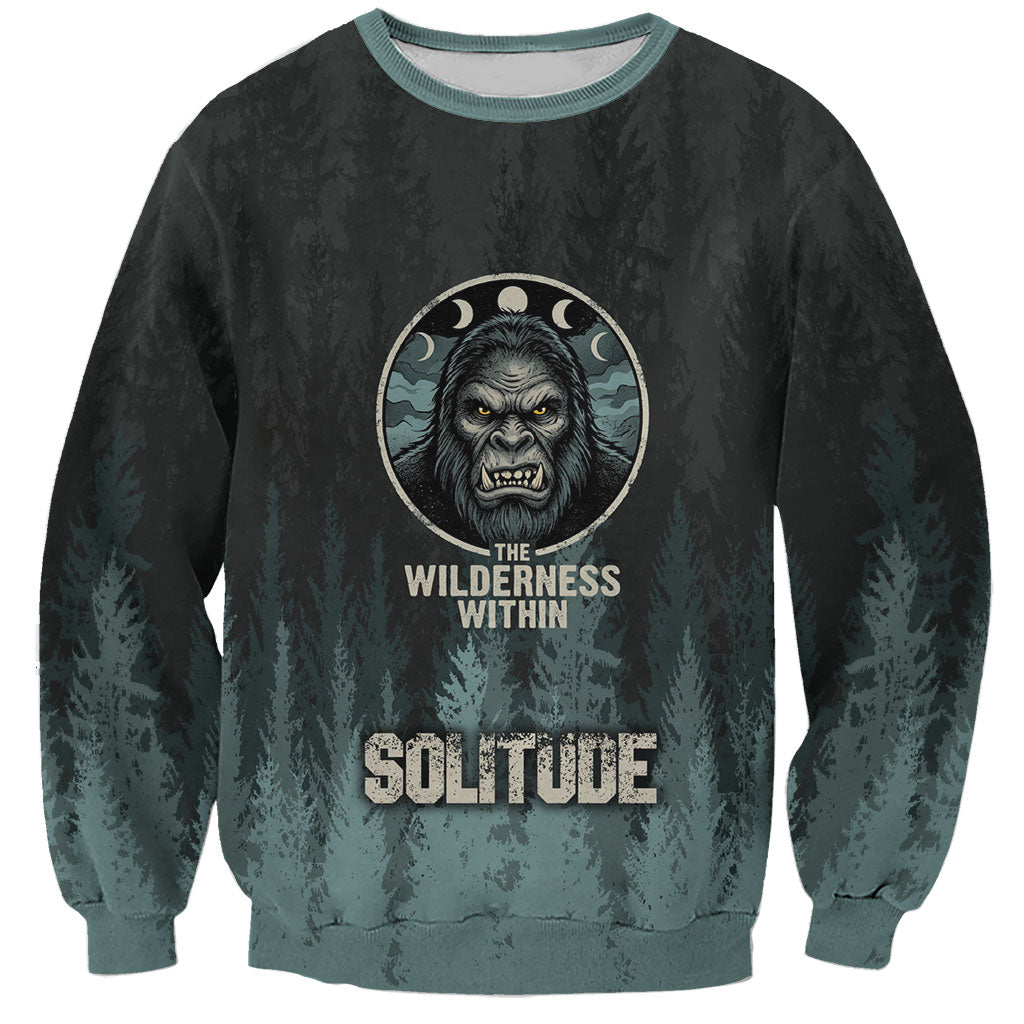 Bigfoot Wilderness Solitude Sweatshirt Cryptid Forest Graphic In Distressed Vintage Style