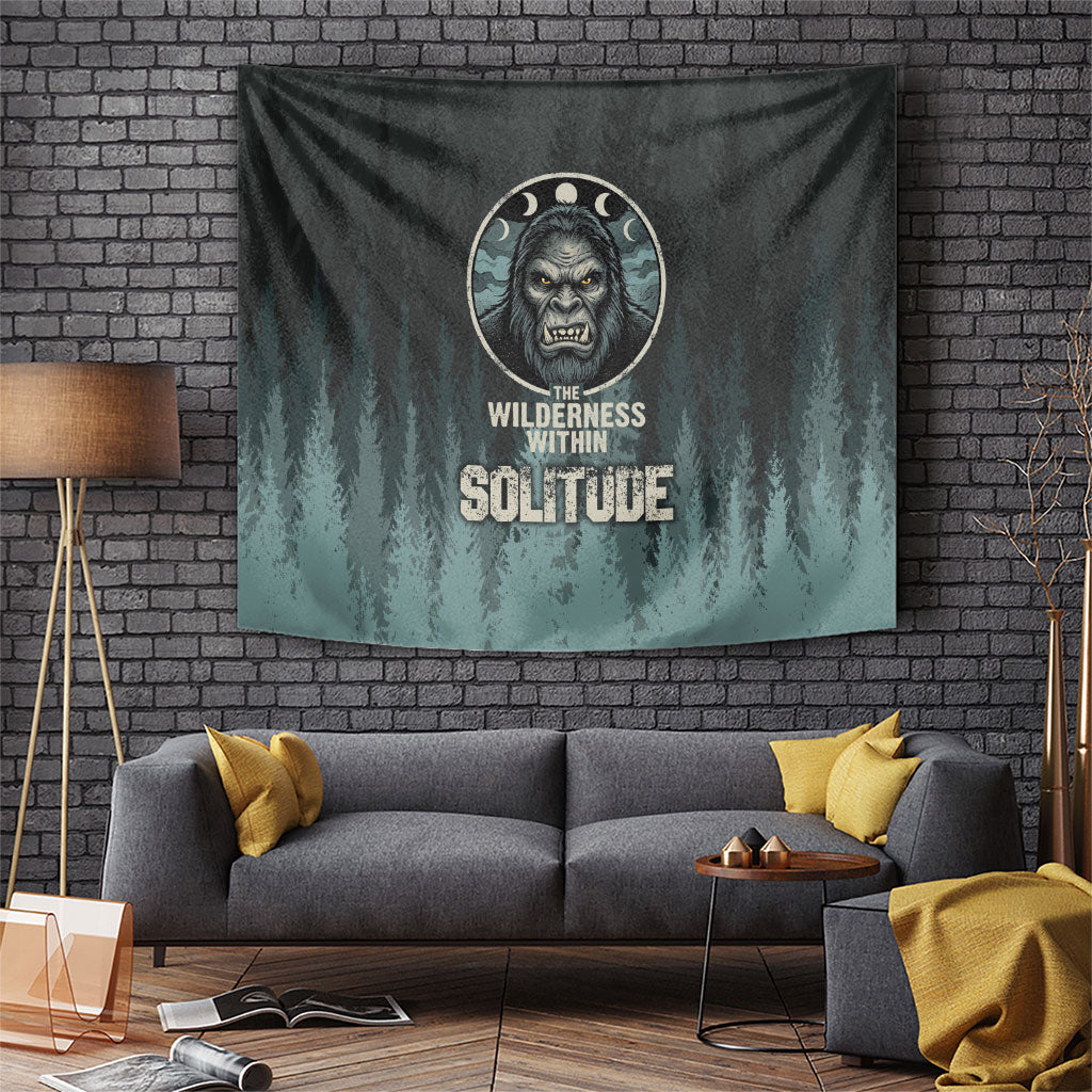 Bigfoot Wilderness Solitude Tapestry Cryptid Forest Graphic In Distressed Vintage Style