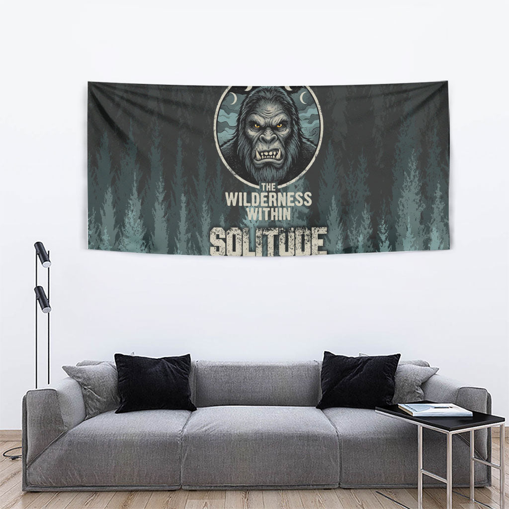 Bigfoot Wilderness Solitude Tapestry Cryptid Forest Graphic In Distressed Vintage Style