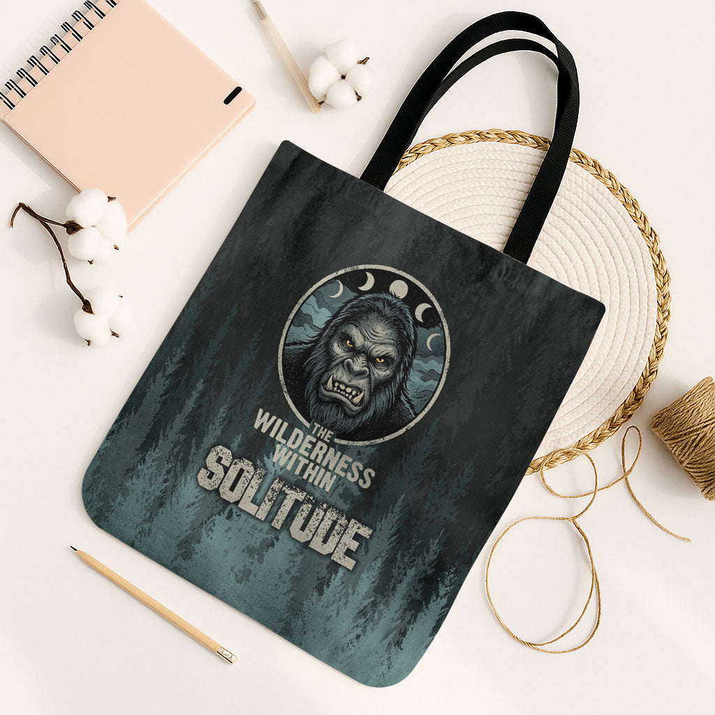 Bigfoot Wilderness Solitude Tote Bag Cryptid Forest Graphic In Distressed Vintage Style
