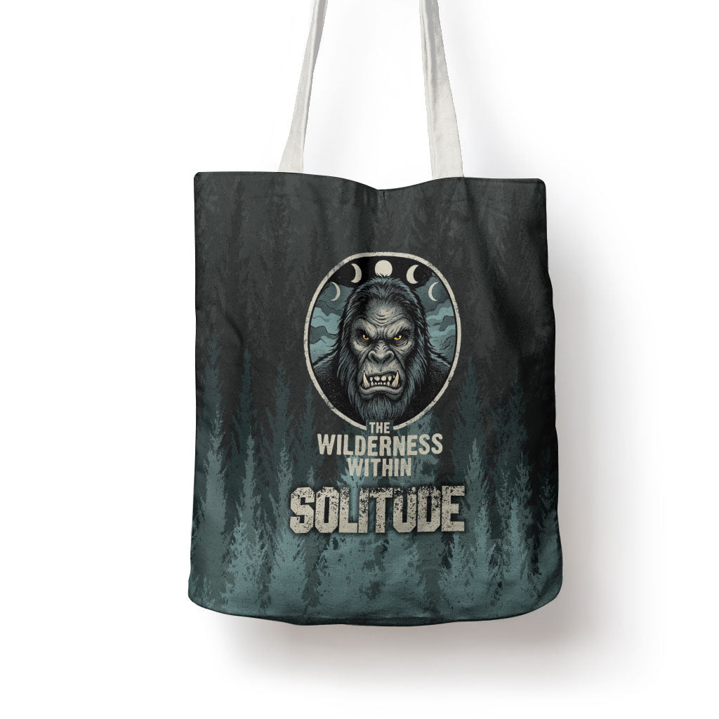 Bigfoot Wilderness Solitude Tote Bag Cryptid Forest Graphic In Distressed Vintage Style