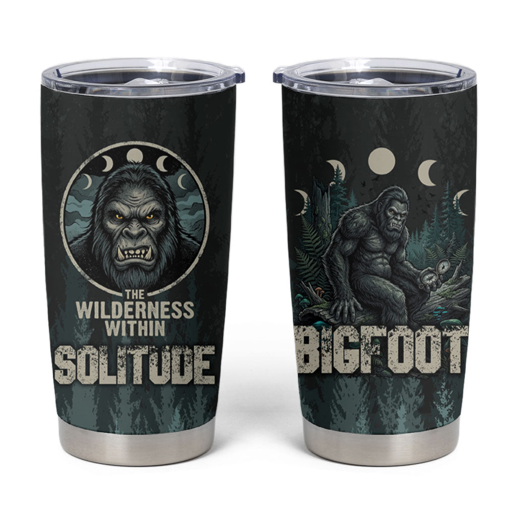 Bigfoot Wilderness Solitude Tumbler Cup Cryptid Forest Graphic In Distressed Vintage Style