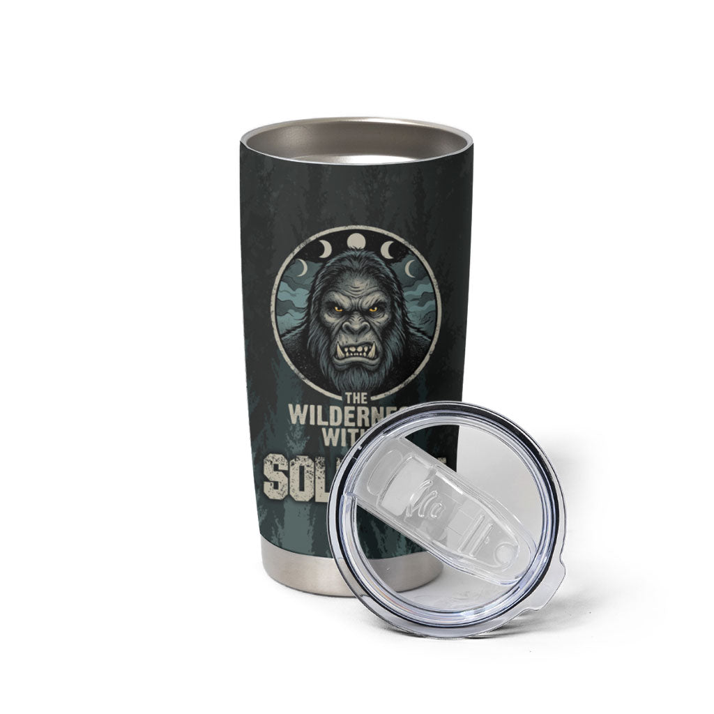 Bigfoot Wilderness Solitude Tumbler Cup Cryptid Forest Graphic In Distressed Vintage Style