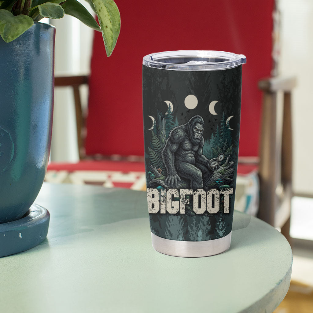 Bigfoot Wilderness Solitude Tumbler Cup Cryptid Forest Graphic In Distressed Vintage Style