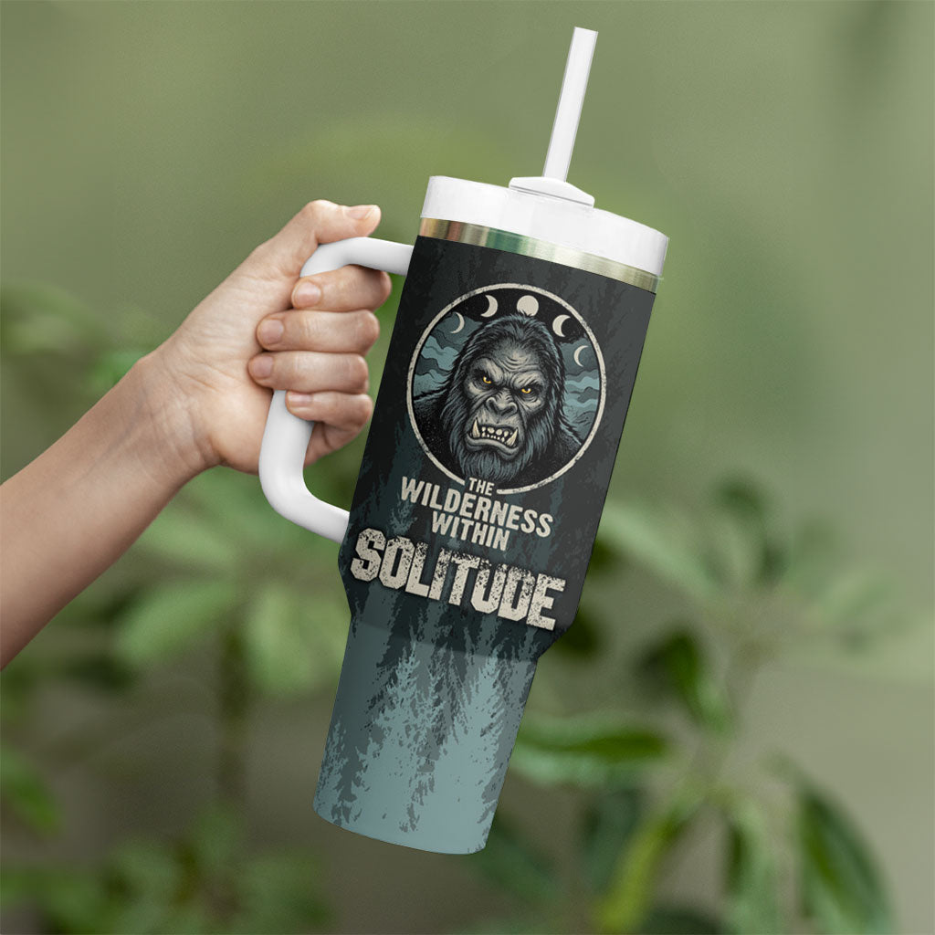 Bigfoot Wilderness Solitude Tumbler With Handle Cryptid Forest Graphic In Distressed Vintage Style