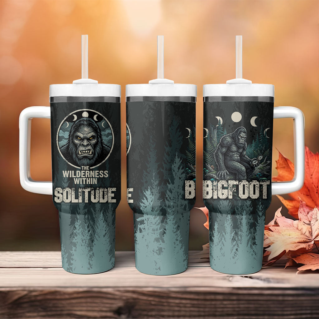 Bigfoot Wilderness Solitude Tumbler With Handle Cryptid Forest Graphic In Distressed Vintage Style