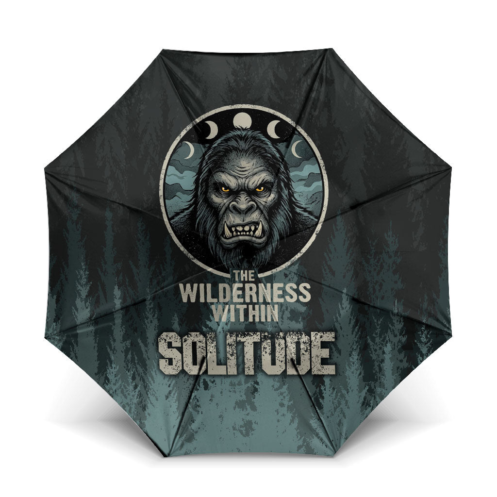 Bigfoot Wilderness Solitude Umbrella Cryptid Forest Graphic In Distressed Vintage Style