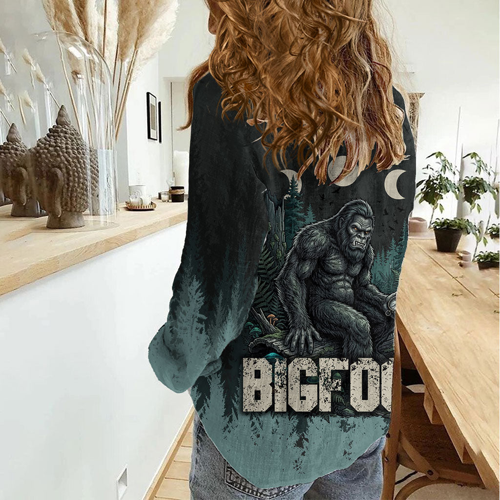 Bigfoot Wilderness Solitude Women Casual Shirt Cryptid Forest Graphic In Distressed Vintage Style