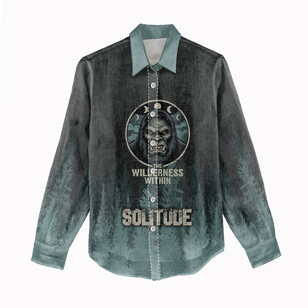 Bigfoot Wilderness Solitude Women Casual Shirt Cryptid Forest Graphic In Distressed Vintage Style