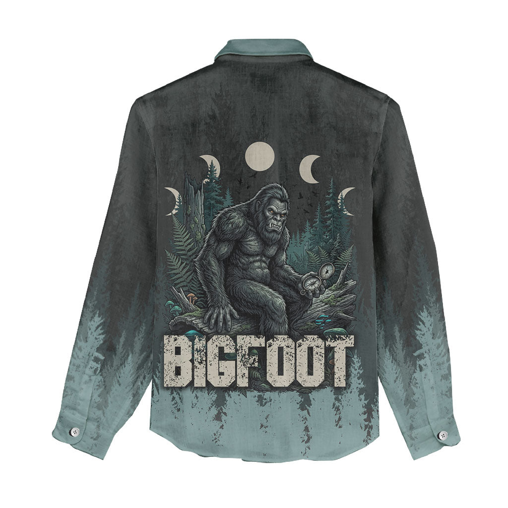 Bigfoot Wilderness Solitude Women Casual Shirt Cryptid Forest Graphic In Distressed Vintage Style