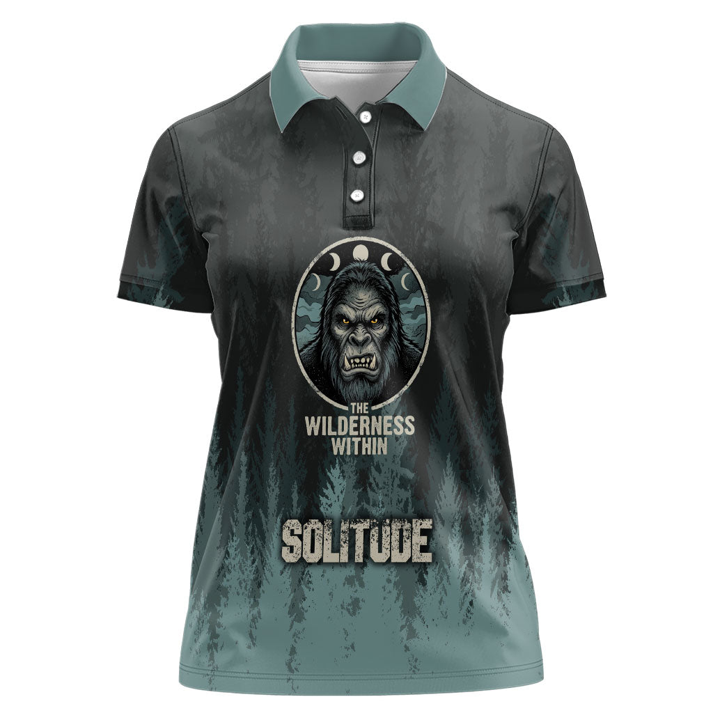 Bigfoot Wilderness Solitude Women Polo Shirt Cryptid Forest Graphic In Distressed Vintage Style