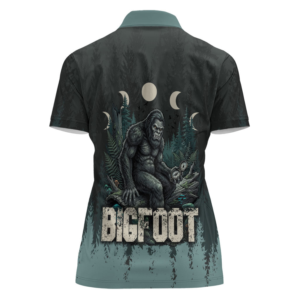 Bigfoot Wilderness Solitude Women Polo Shirt Cryptid Forest Graphic In Distressed Vintage Style