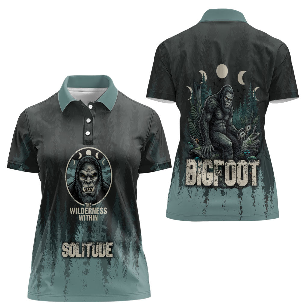 Bigfoot Wilderness Solitude Women Polo Shirt Cryptid Forest Graphic In Distressed Vintage Style