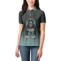 Bigfoot Wilderness Solitude Women Polo Shirt Cryptid Forest Graphic In Distressed Vintage Style