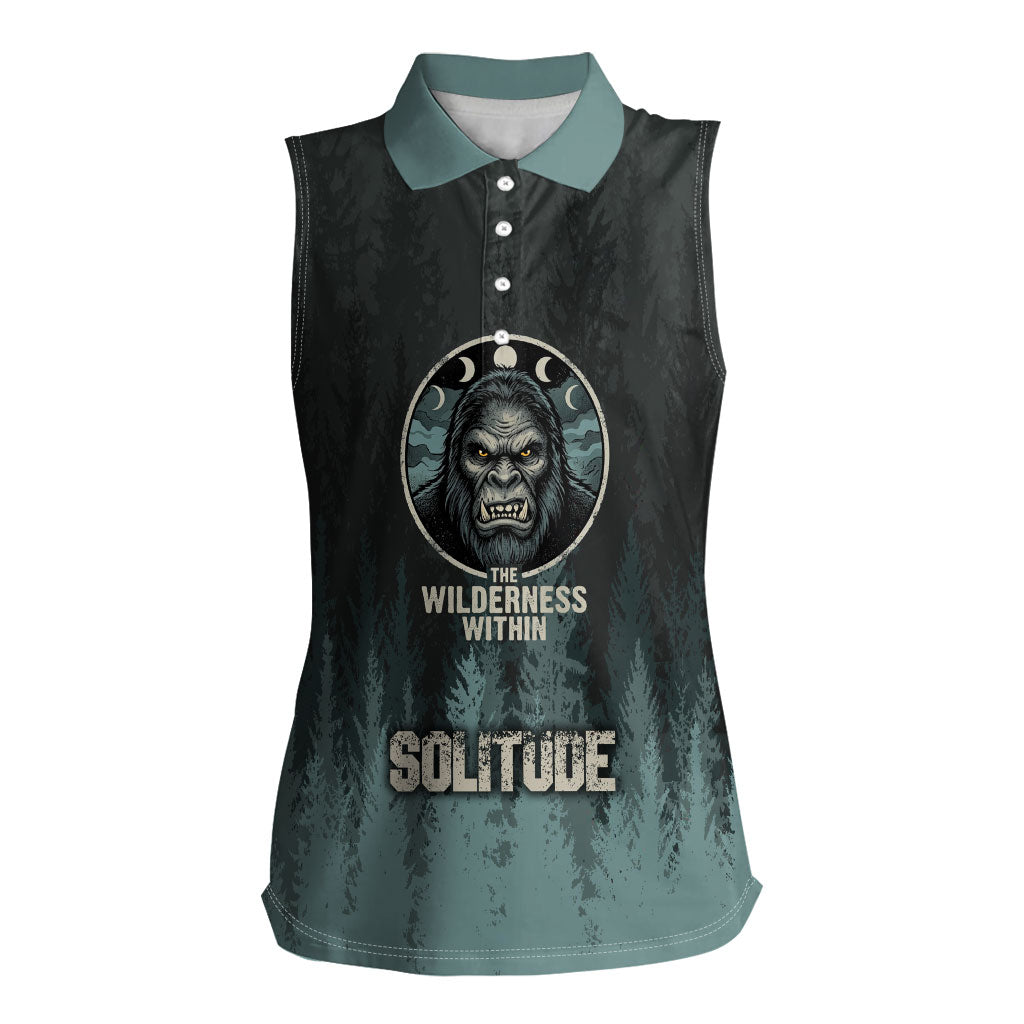 Bigfoot Wilderness Solitude Women Sleeveless Polo Shirt Cryptid Forest Graphic In Distressed Vintage Style